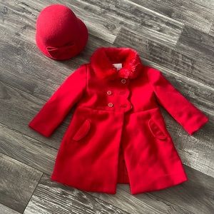 Baby girl read pea coat with matching hat